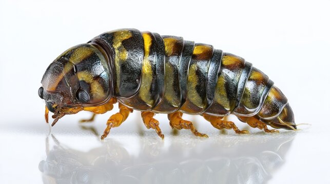 Macro close up of striped diving beetle larva isolated on white background showing detailed insect anatomy wildlife nature entomology specimen photography