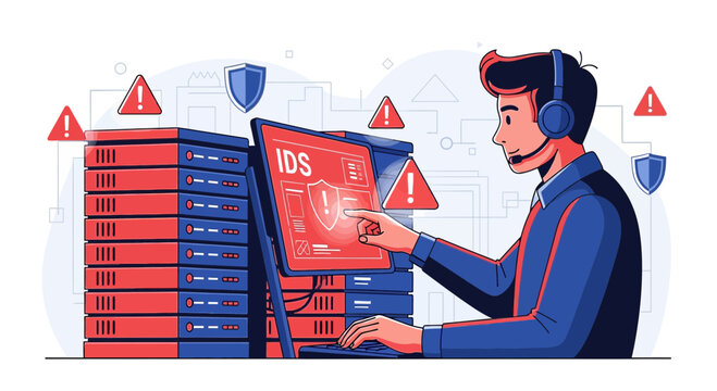 Cybersecurity expert monitors IDS system with server rack and alerts