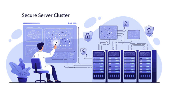 Cybersecurity Expert Working on Secure Server Cluster Network