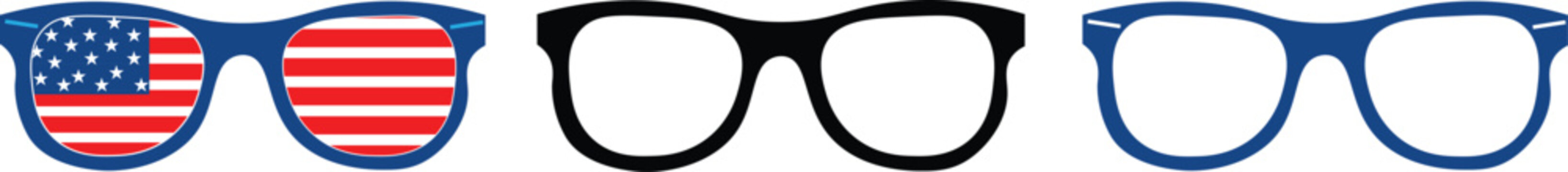  Three pairs of glasses with American flag design and plain frames eyewear collection
