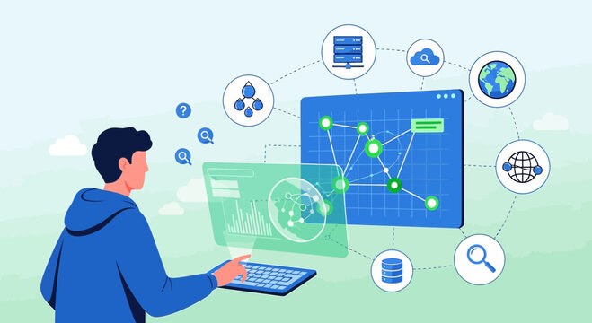 Data analysis concept, programmer working with charts and network diagrams