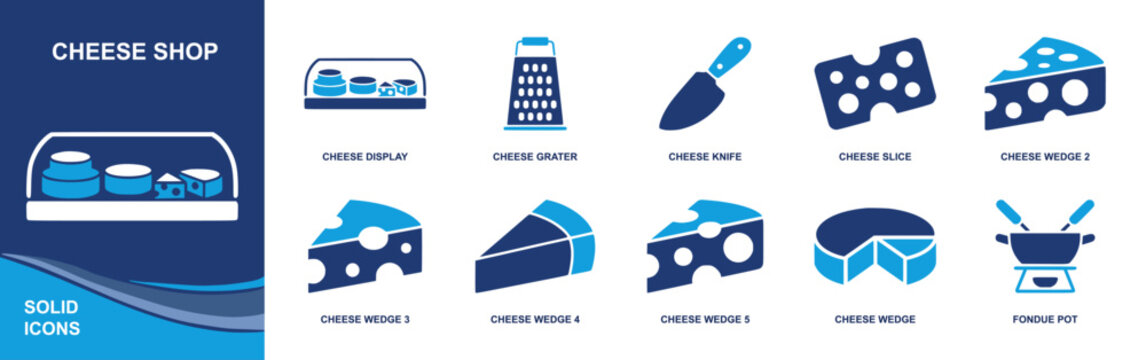 Cheese shop icon set. Containing cheese display, cheese grater, cheese knife, cheese slice, cheese wedge, fondue pot, dairy case, cheese wheel, tools and more. Solid fill vector icons.