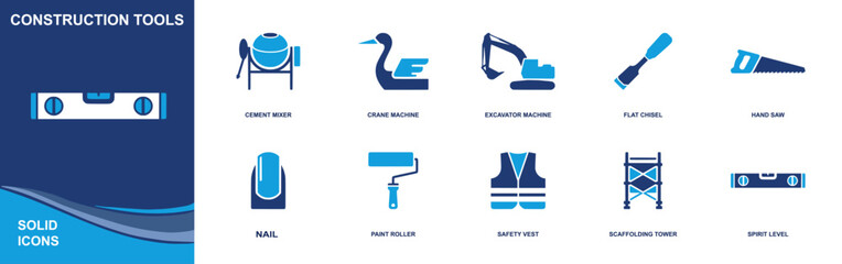Construction tools icon set. Containing cement mixer, crane, excavator, chisel, hand saw, paint roller, safety vest, scaffolding tower, spirit level and more. Solid fill vector icons. © Alim