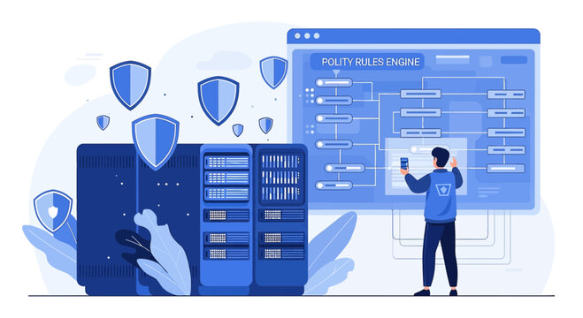 Cybersecurity concept: Data, servers, shields, and code review on screen.