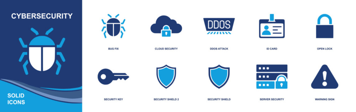 Cybersecurity icon set. Containing bug fix, cloud security, DDoS attack, ID card, open lock, security key, security shield, server security, warning sign and more. Solid fill vector icons.