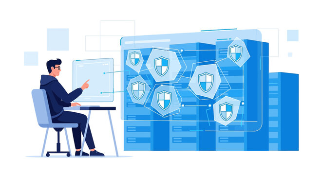 Cybersecurity professional interacting with digital security shield network on computer screen