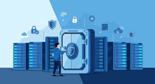 Cybersecurity Concept: Secure Data Storage in Server Room with Safe