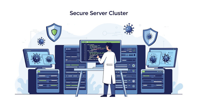 Cybersecurity concept: Secure server cluster with virus protection shields and data.