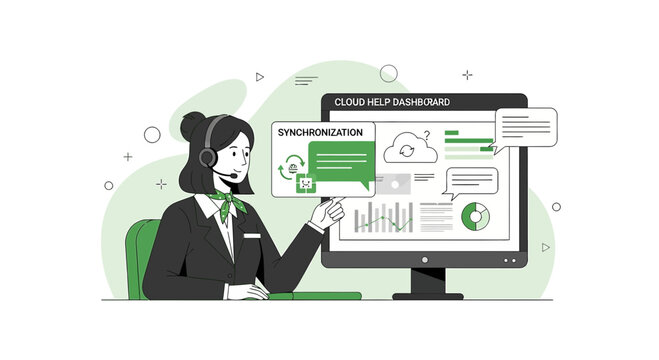 Customer Service Agent with Headset at Computer Dashboard - Online Support