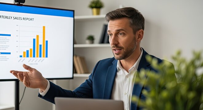 A man in a suit presenting a quarterly sales report on a large screen in an office setting.