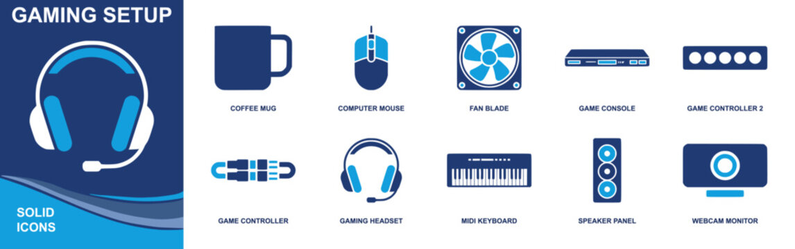 Gaming setup icon set. Containing coffee mug, computer mouse, fan blade, game console, controller, gaming headset, MIDI keyboard, speaker panel, webcam and more. Solid fill vector icons.