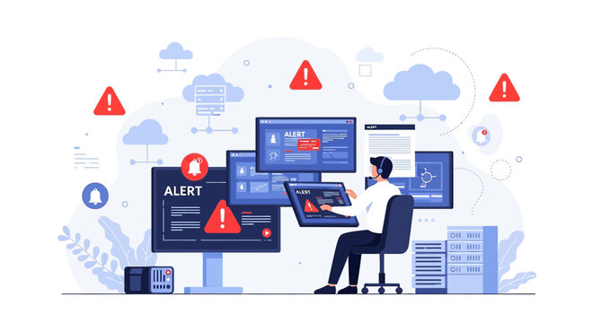 Cyber Security Alert: Man Monitors System Warnings on Multiple Screens