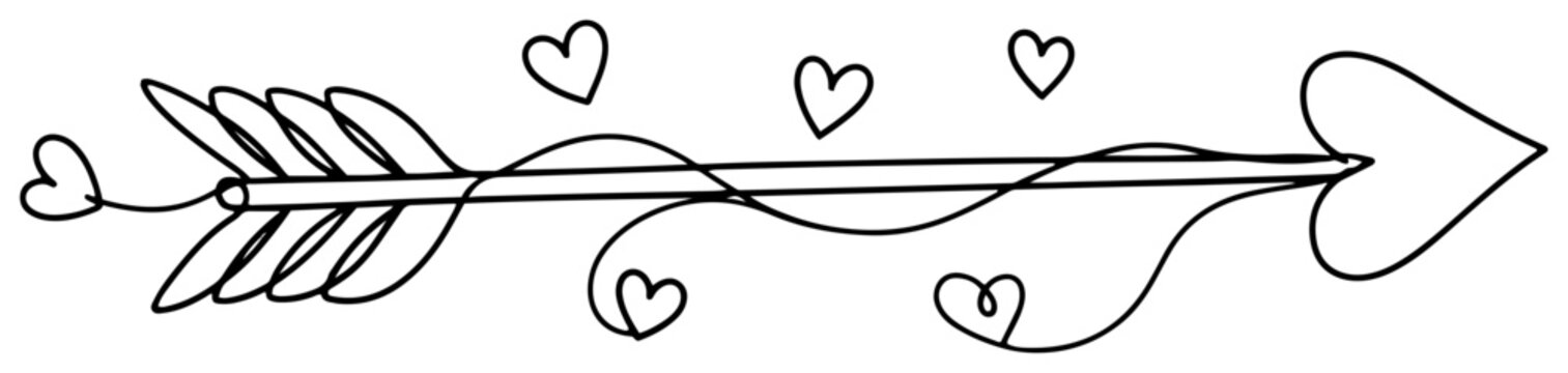 Cupid Arrow with Hearts in Continuous One Line Art Style
