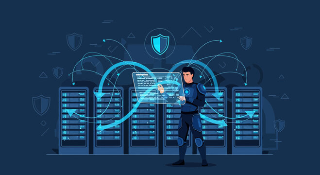 Cybersecurity technician and server room with data flow, network security concept