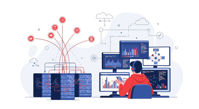 Cyber Security Analyst Working on Servers and Data Analysis Monitors