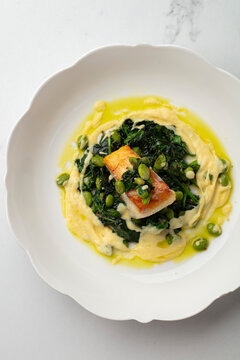 Salmon fillet over greens in a creamy sauce on a white plate
