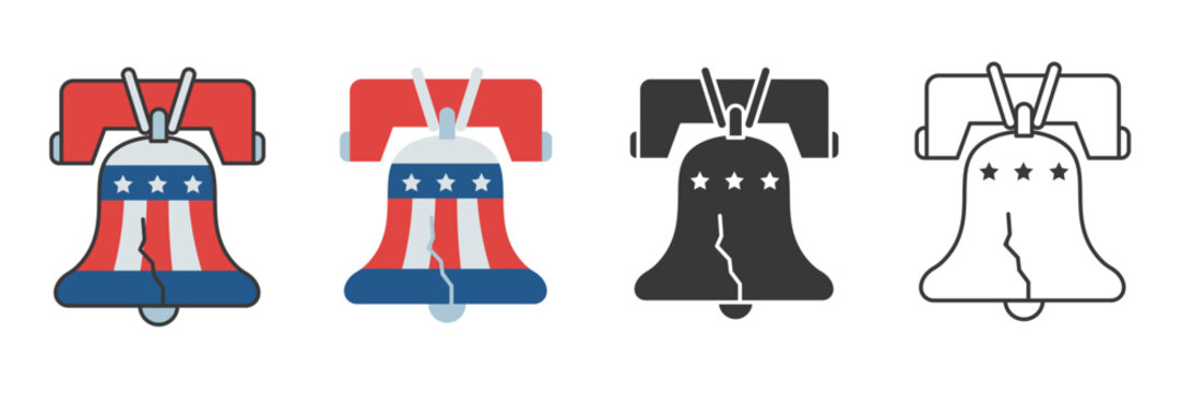 Liberty Bell Icon Set with American Flag Pattern for Independence Day