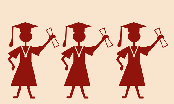 a graduation or convocation ceremony scene featuring students wearing graduation gowns and holding degree certificates with medals around their necks, Warli style illustration. 