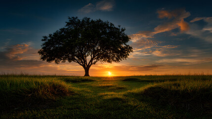 Fototapeta premium Simple composition of tree silhouette and empty landscape 