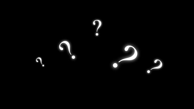 2D confused effect raining question mark, question mark moving on black screen background. Cartoon comic looping fly Animation,  motion graphic doodle question mark animation. 4k animation