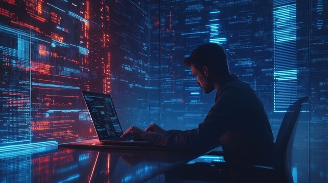 Digital technology, software development concept. Coding programmer, software engineer working on laptop with javascript on virtual screen. App development, agile methodology