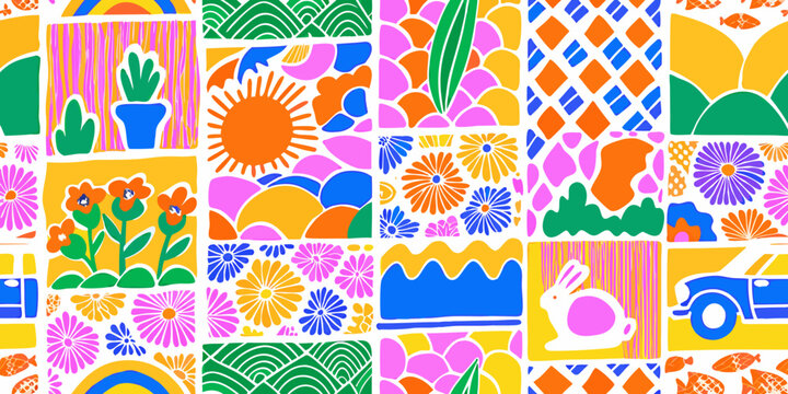Colorful patchwork pattern with floral and animal motifs vector illustration