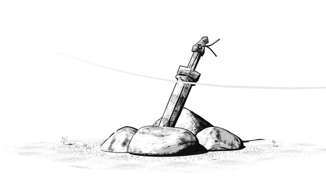 Stylized Sketch Paper Style 3d Fantasy Sword Embedded in Stone with wind breeze