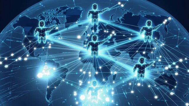 Person point expanding across world map, subscriber numbers rising dynamically, global communication network concept, 4K video