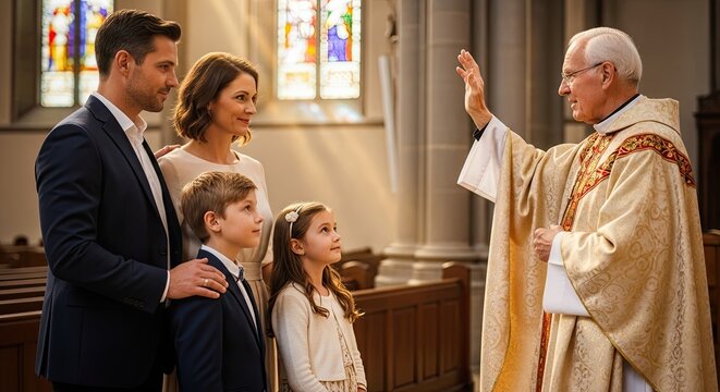 A family of four, including a man, a woman, a boy, and a girl, standing in a church with a priest in a cassock and mitre, raising his hand in blessing.