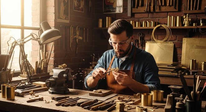A man in a workshop, crafting leather with tools and materials.