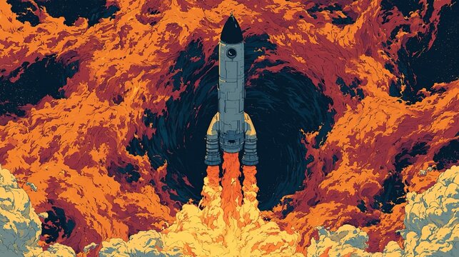 Retro-Styled Rocket Launching Through Fiery Cosmic Vortex, Dynamic Interstellar Space Travel Scene with Vibrant Abstract Cosmic Clouds and Propulsion Flames