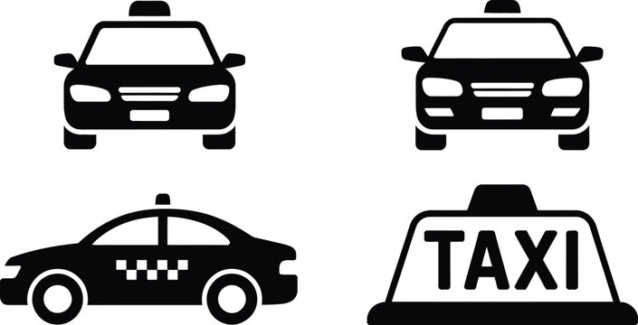 Black silhouette taxi icons with front and side views, public transport