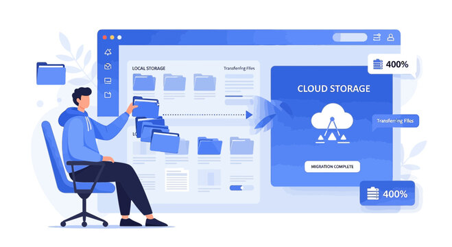 Cloud Storage Service UI. Man organizing digital files on computer screen.