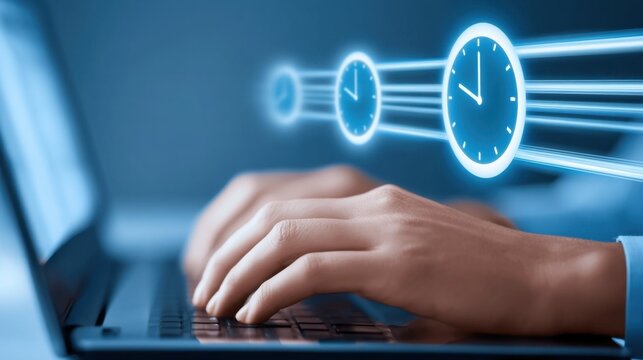 Human hand typing on keyboard with multiple digital clocks and time zone symbols representing global connectivity and time management concept in blue