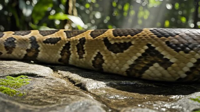 Closeup of a large python snake resting on wet rocks in a lush jungle environment.