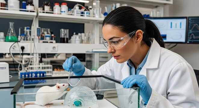 A scientist in a laboratory, examining a white mouse with a magnifying glass.