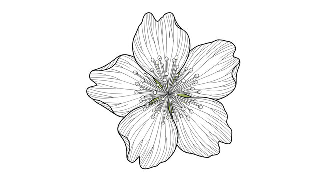 Detailed black and white botanical sketch of a single apple blossom flower with five petals and central stamens on white.