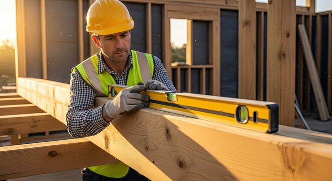 A construction worker using a spirit level on a wooden beam at a construction site.