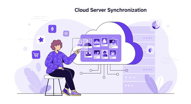 Cloud Server Synchronization Concept, Data Management Illustration