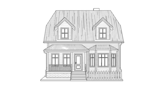 Detailed line art sketch of a classic two story suburban house with dormer windows, ideal for real estate and home concepts.