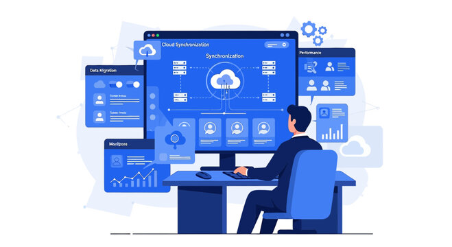 Cloud Data Synchronization System Interface with a person working on computer