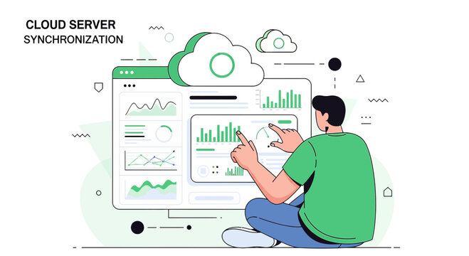 Cloud Server Synchronization: Person Analyzing Digital Data Charts on Screen