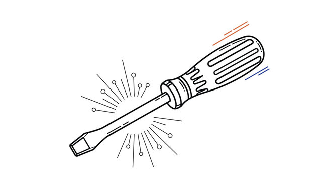 Simple screwdriver illustration with motion lines and sparkles represents repair, maintenance, and home improvement tasks for service icons.