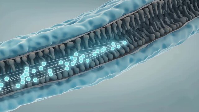 Calcium ions flowing through a cell channel, tiny particles moving in a controlled stream