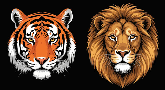 Detailed illustrations of tiger and lion heads on black background