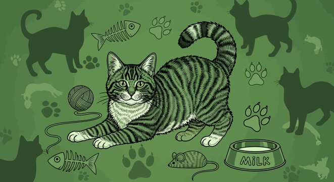 A striped cat plays with a ball of yarn surrounded by food and toys on green background