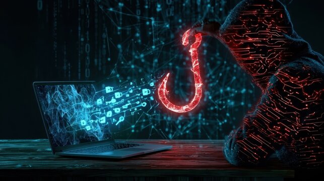 Cyber attacker in digital hooded jacket holding large red glowing phishing hook targeting laptop with streaming data code in dark cybersecurity concept