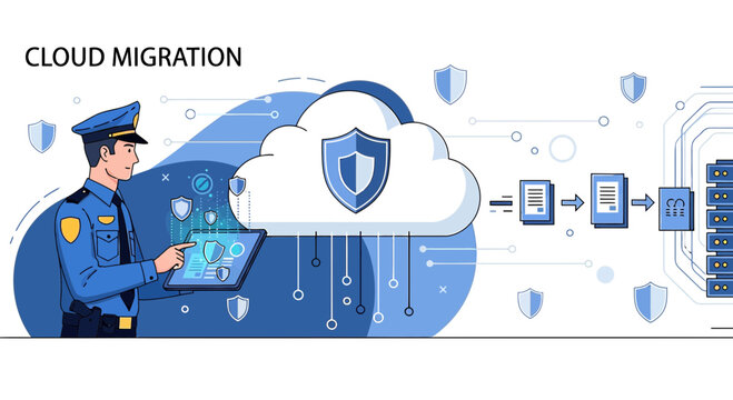 Cloud Migration Security: Officer Overseeing Digital Data Transfer