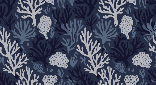 Seamless underwater pattern features various types of coral in shades of dark and light blue creating a dense marine reef background texture.