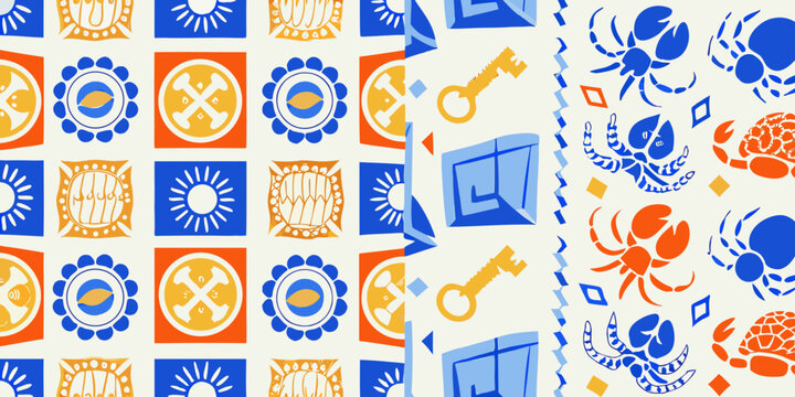 Geometric pattern with tools and insects colorful vector illustration